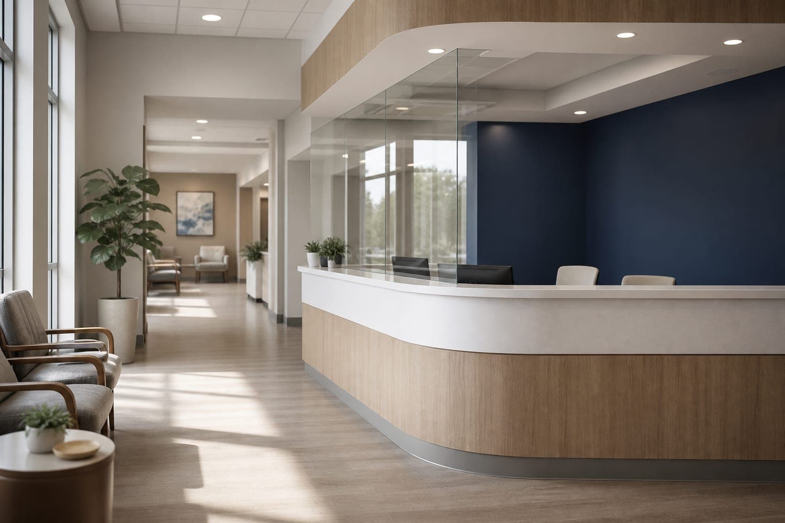 Modern medical office reception desk and waiting area